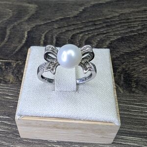 Diamond & Pearl 925 Sterling Silver Bow Ring Size 7